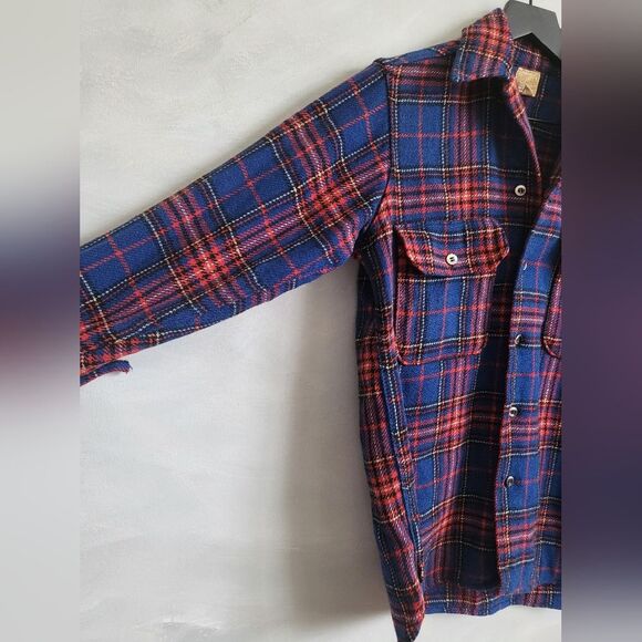 1950s Great Western All Wool Plaid Button Up Long Sleeve Shirt Size 14.5 FLAWS - Picture 5 of 14